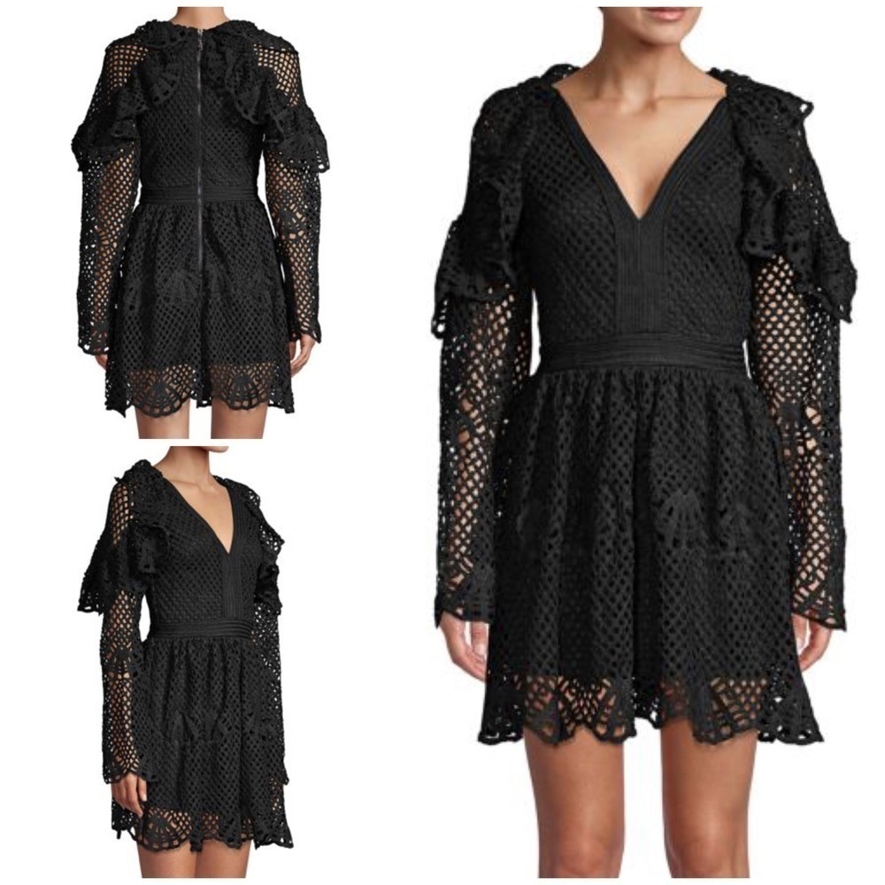 NWT 70/21 70 Degree F / 21 Degree Lace Crochet Black Long Sleeves V-neck Dress